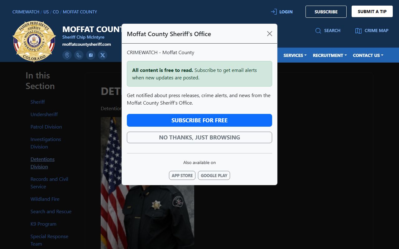 Moffat County Detentions Division inmate population and jail capacity page