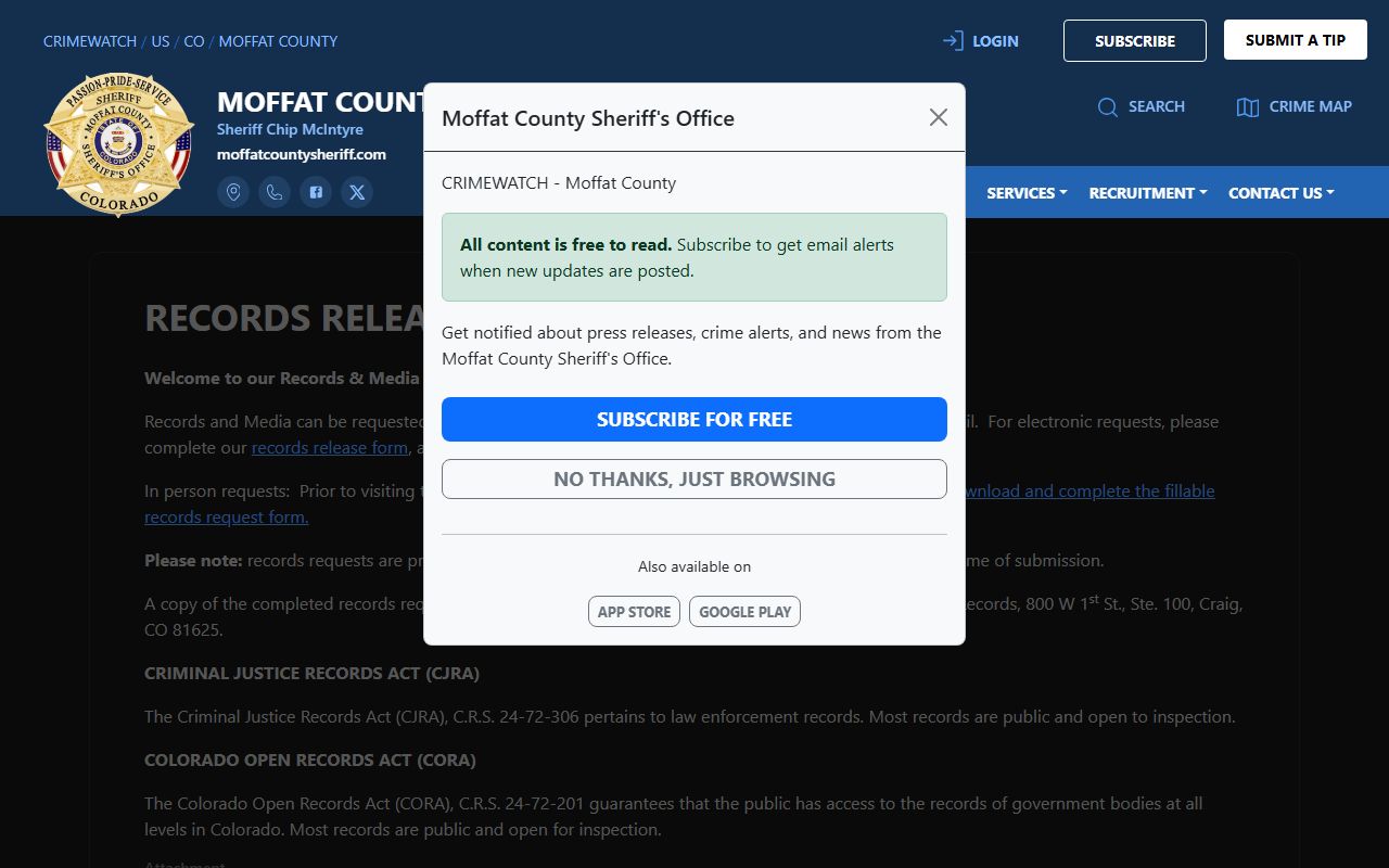 Moffat County inmate records release form page